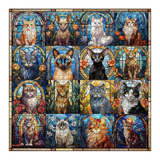 PICKFORU stained glass cat puzzle poster included shows vibrant feline artwork.