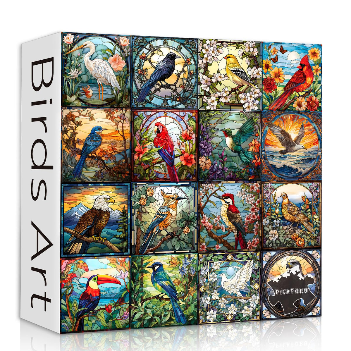 PICKFORU stained glass puzzle bird collection shows vibrant colors for relaxing assembly.