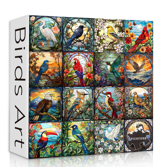 PICKFORU stained glass puzzle bird collection shows vibrant colors for relaxing assembly.