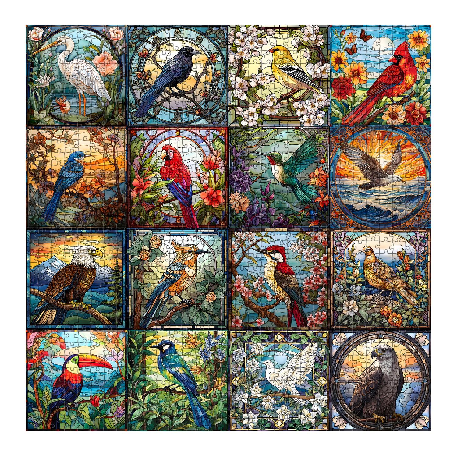 PICKFORU cardinal bird stained glass puzzle highlights bold red hues for vivid scenery.