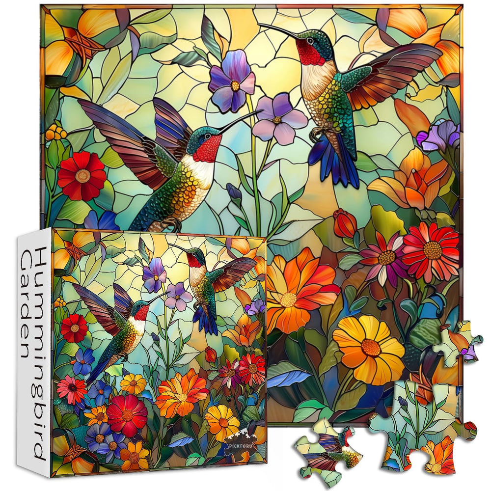 PICKFORU stained glass puzzle with flowers and hummingbird for vibrant home decor.