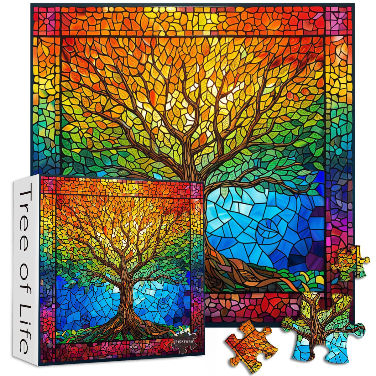 PICKFORU stained glass tree of life puzzle assembled, vibrant colors ideal for wall display.