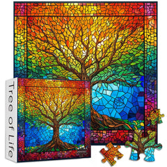PICKFORU stained glass tree of life puzzle assembled, vibrant colors ideal for wall display.