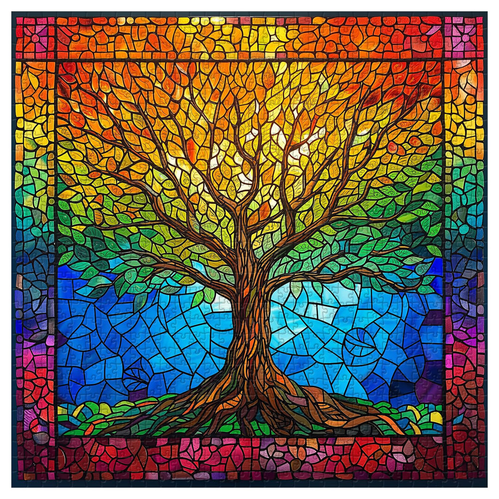 PICKFORU stained glass puzzle packaging with reference poster visible for guidance.