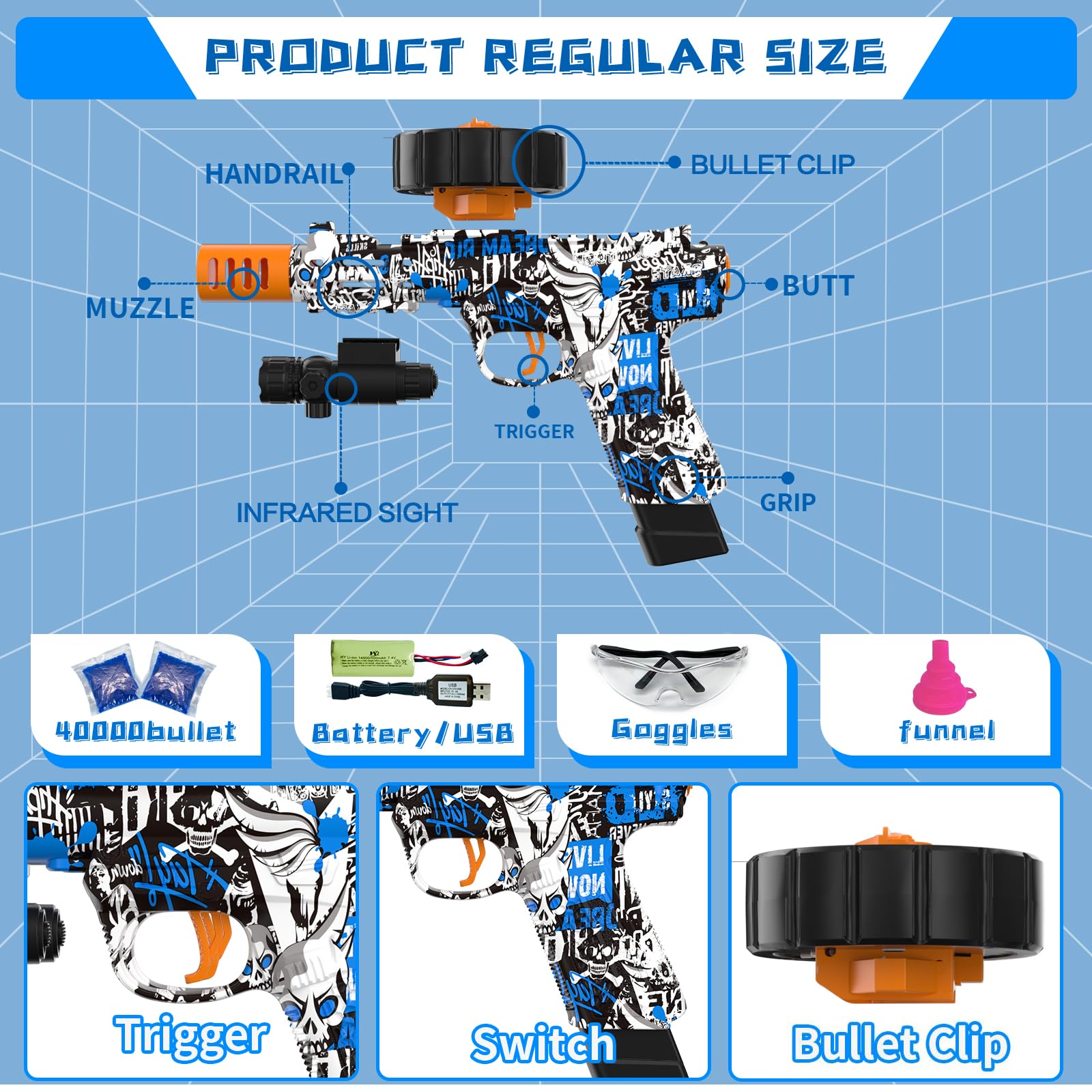 Kit contents of PICKMERA gel ball blaster laid out for setup