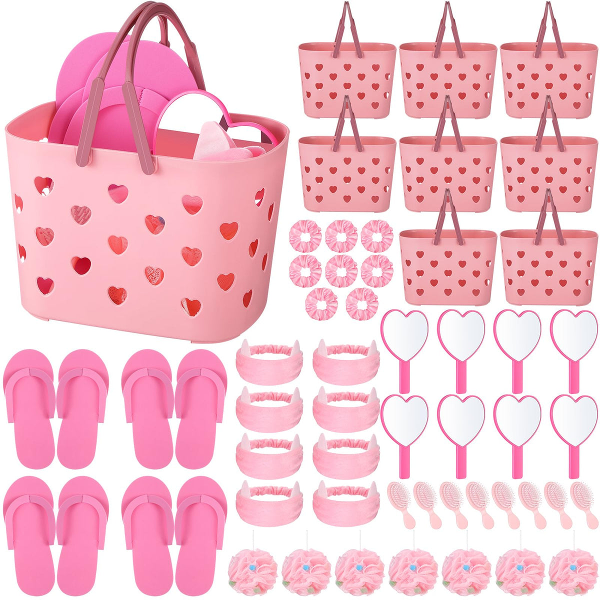 Pickmesh pink storage baskets organize spa party favors for a princess sleepover.
