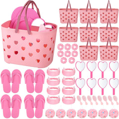 Pickmesh pink storage baskets organize spa party favors for a princess sleepover.