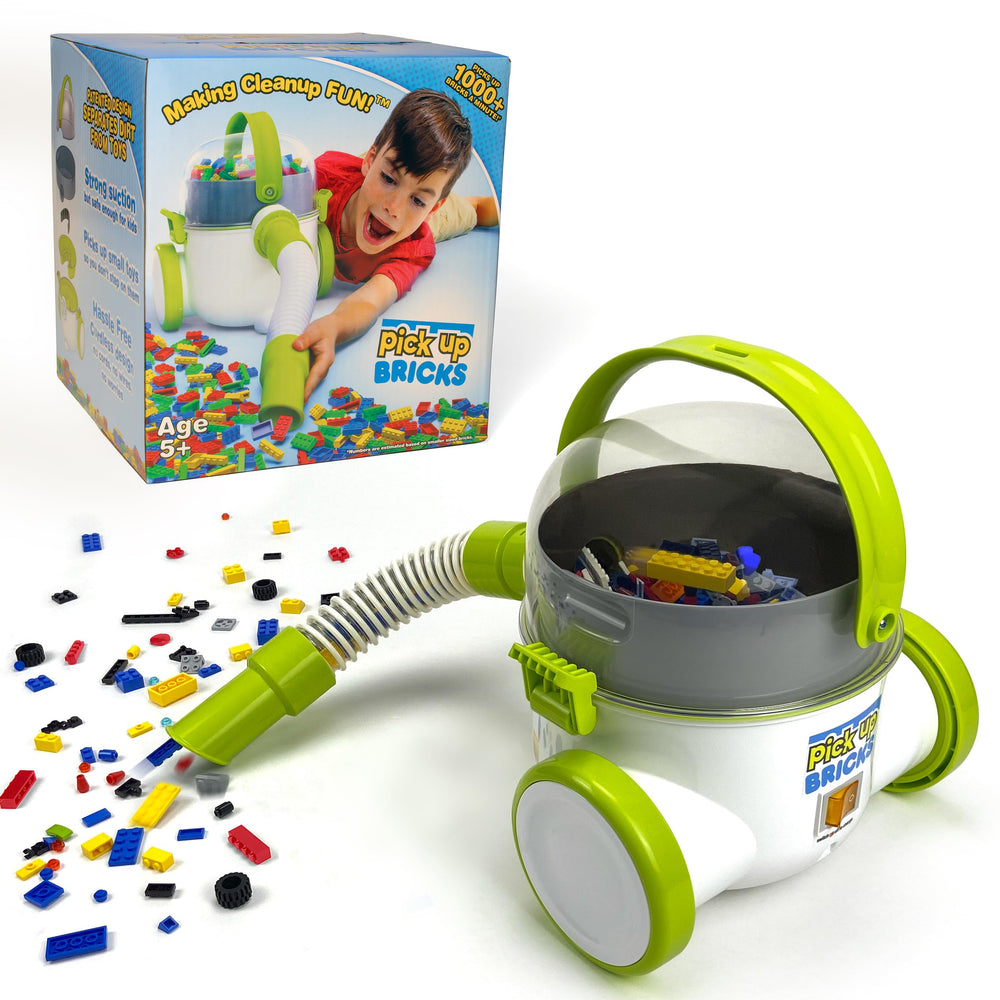 Pickup Bricks toy vacuum front view shows kid-friendly design for quick cleanups
