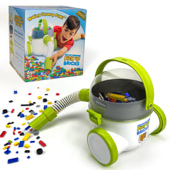 Pickup Bricks toy vacuum front view shows kid-friendly design for quick cleanups