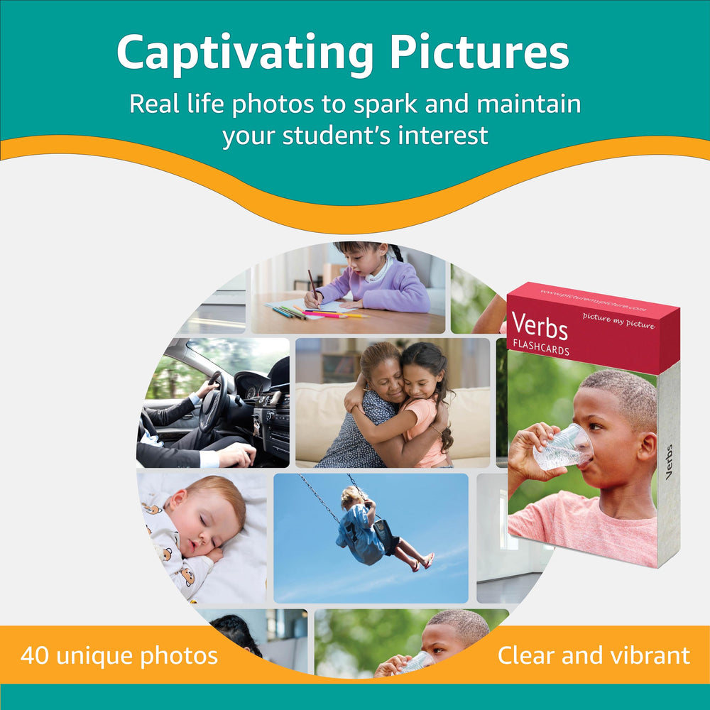 Picture My Picture Verbs Volume 1 Talking card encourages conversational practice during group tasks.