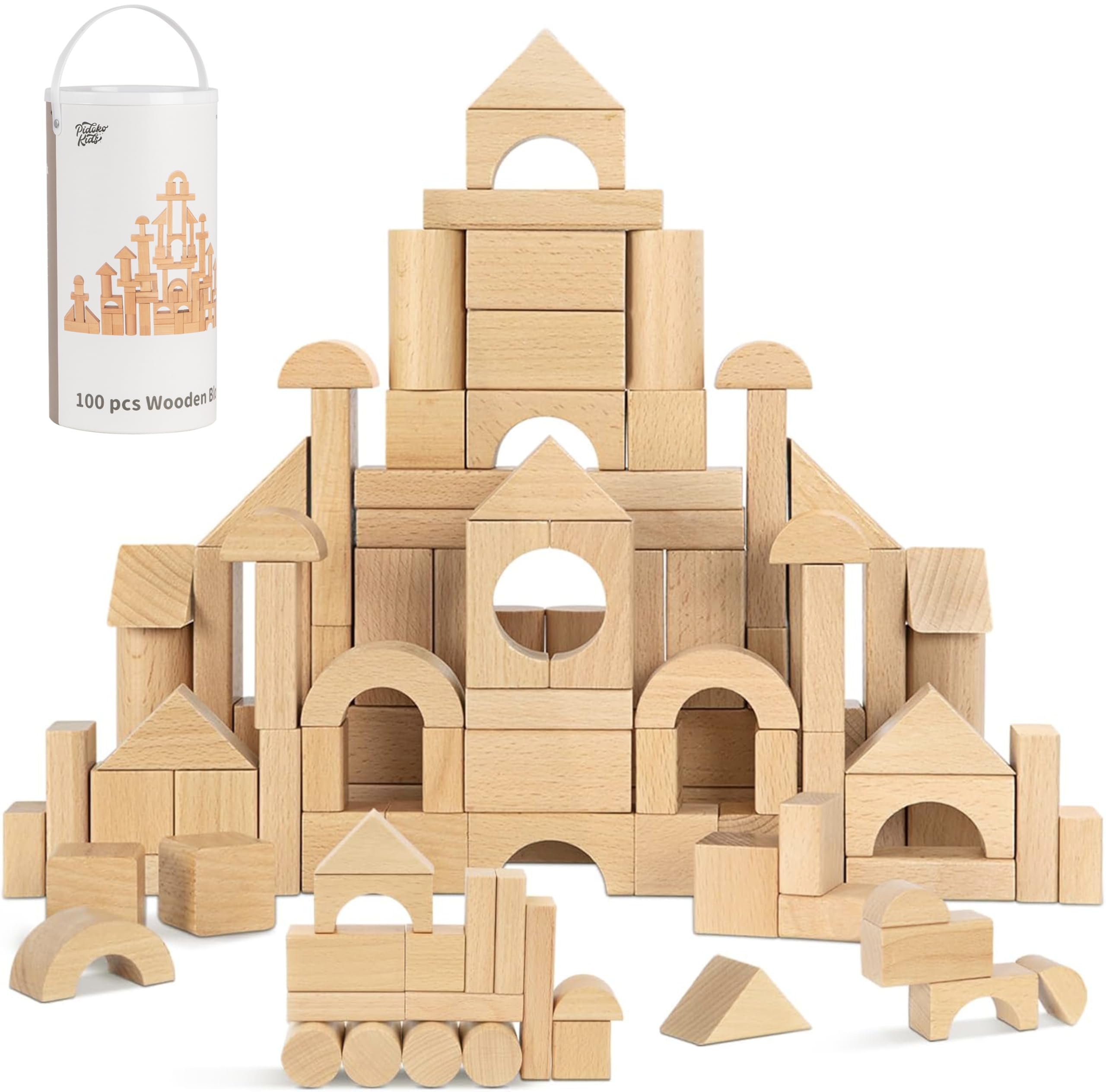 Pidoko Kids beech wood blocks collection ready for creative play.