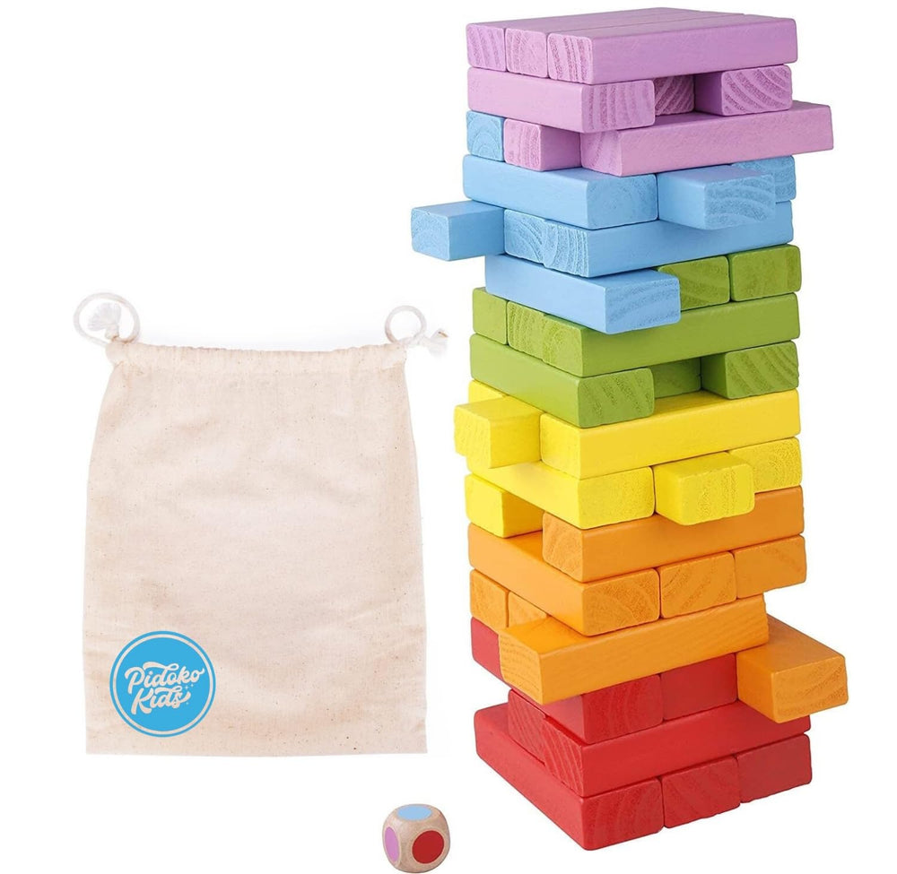 Pidoko Kids colorful tumbling blocks set invites creative play and cooperation.