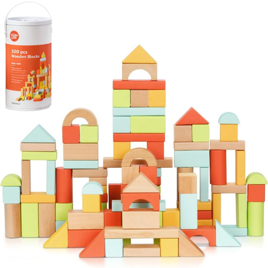 Pidoko Kids 100-piece wooden blocks for open-ended play and motor skill development.