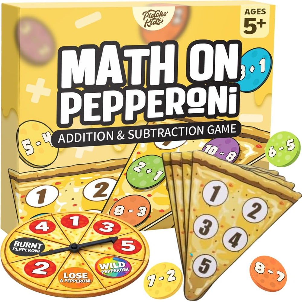 Pidoko Kids Matheroni Pepperoni tokens support counting practice on a colorful pizza board