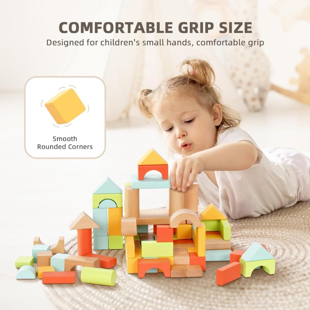 Pidoko Kids smooth-edged wooden blocks keep little hands safe during stacking.
