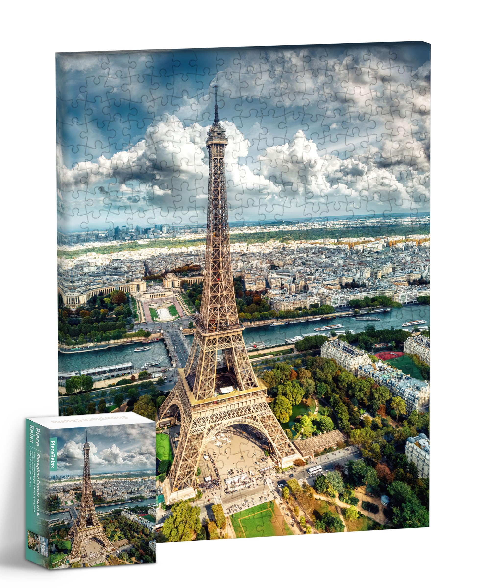 PieceRelax Eiffel Tower Paris aerial wall art puzzle panel enhances chic living room decor.