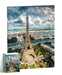 PieceRelax Eiffel Tower Paris aerial wall art puzzle panel enhances chic living room decor.