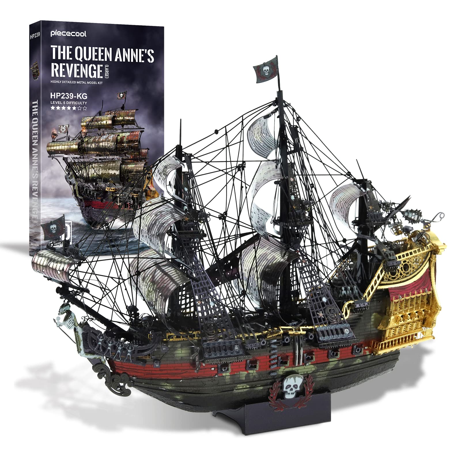 Piececool Queen Anne's Revenge during final assembly on a table.