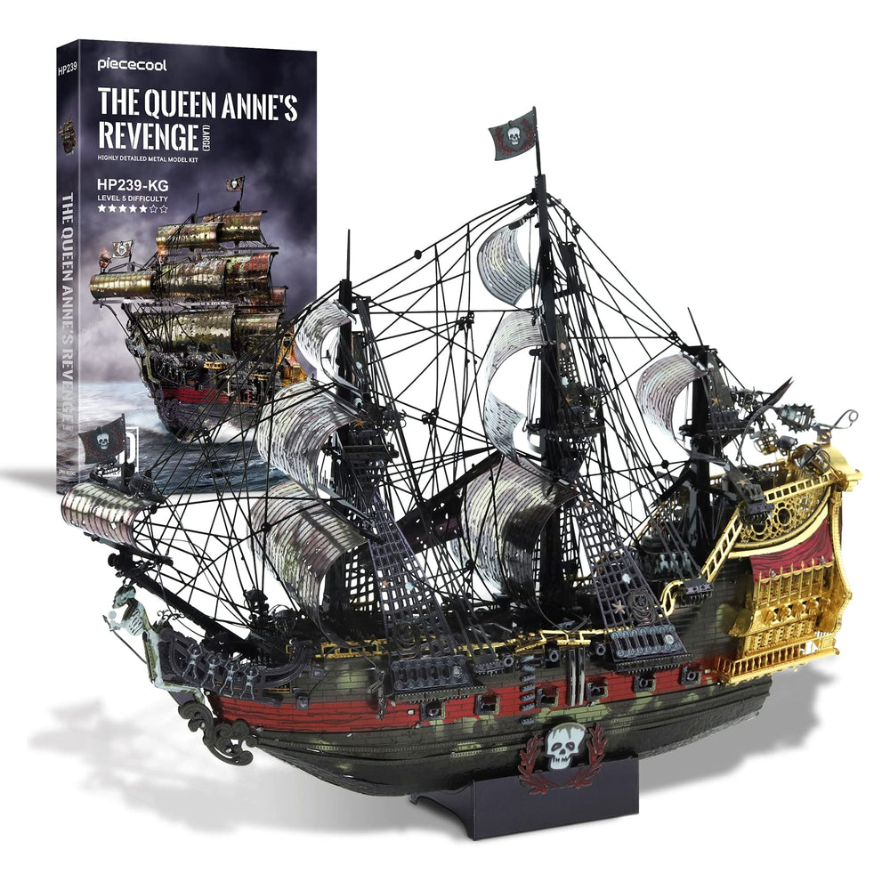 Piececool Queen Anne's Revenge during final assembly on a table.