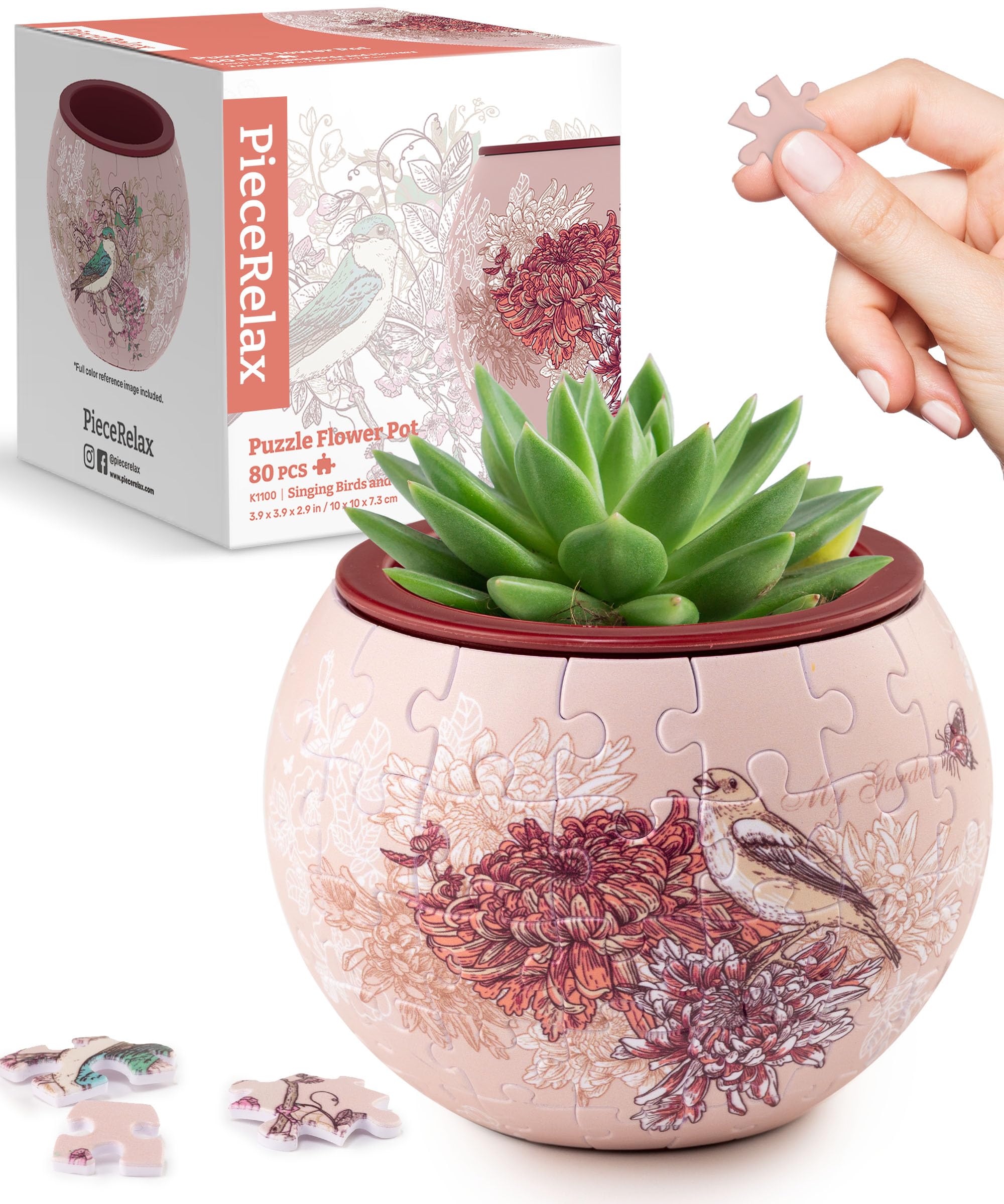 PieceRelax 3D puzzle planter front view with singing birds for indoor decor