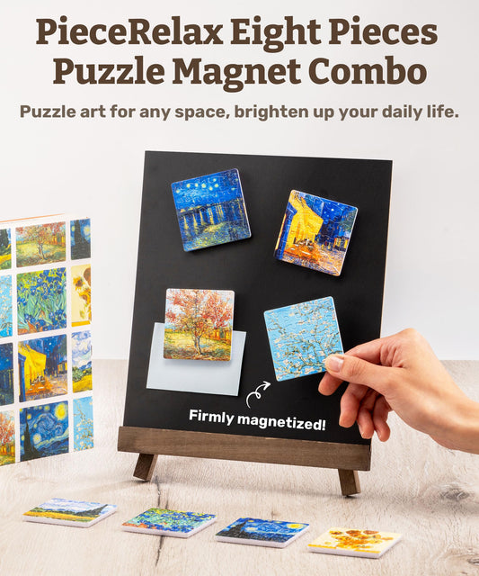 PieceRelax magnet puzzle on locker or desk with Van Gogh palette colors