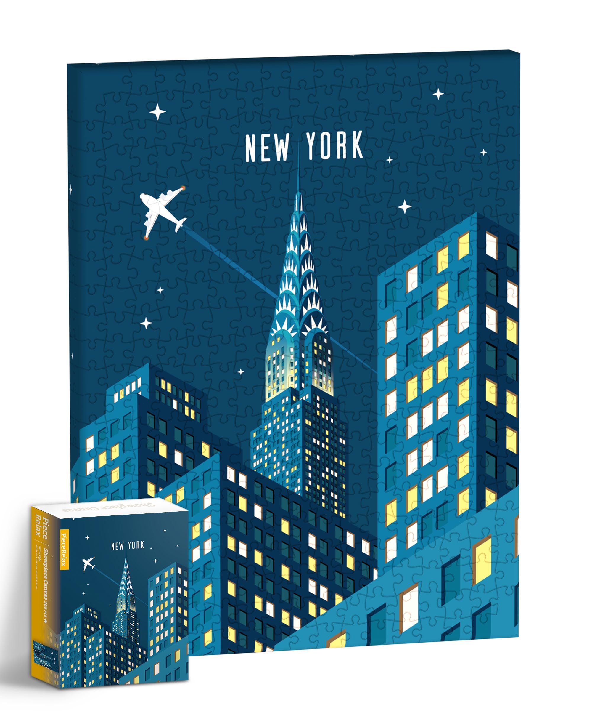 PieceRelax NYC at Night puzzle canvas enhances living room ambiance with city lights.
