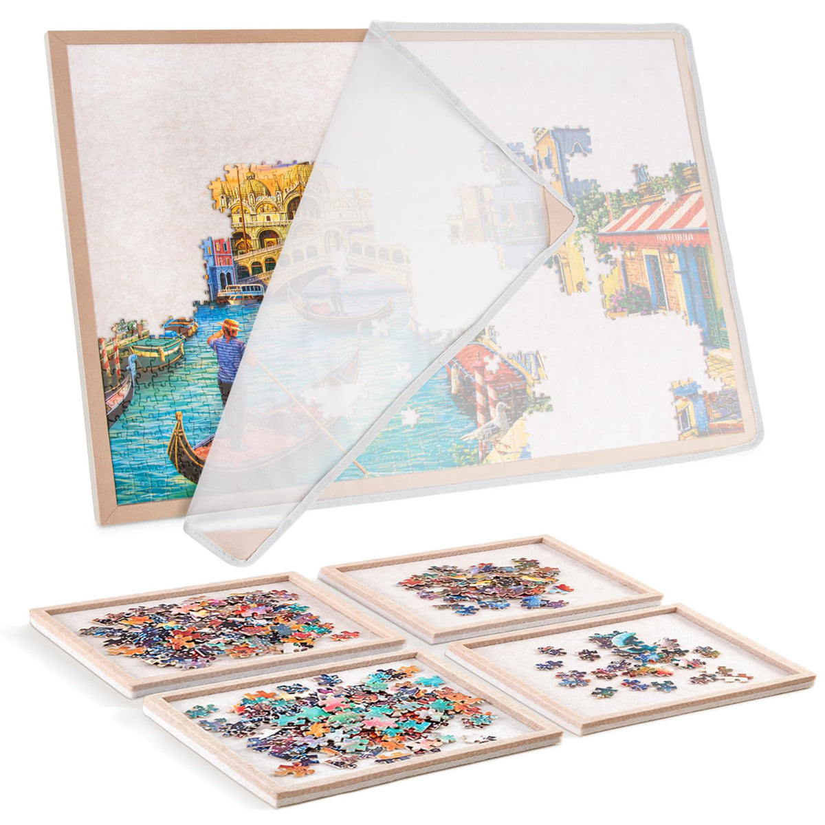 Piecevana puzzle board with four sorting trays for organized solving