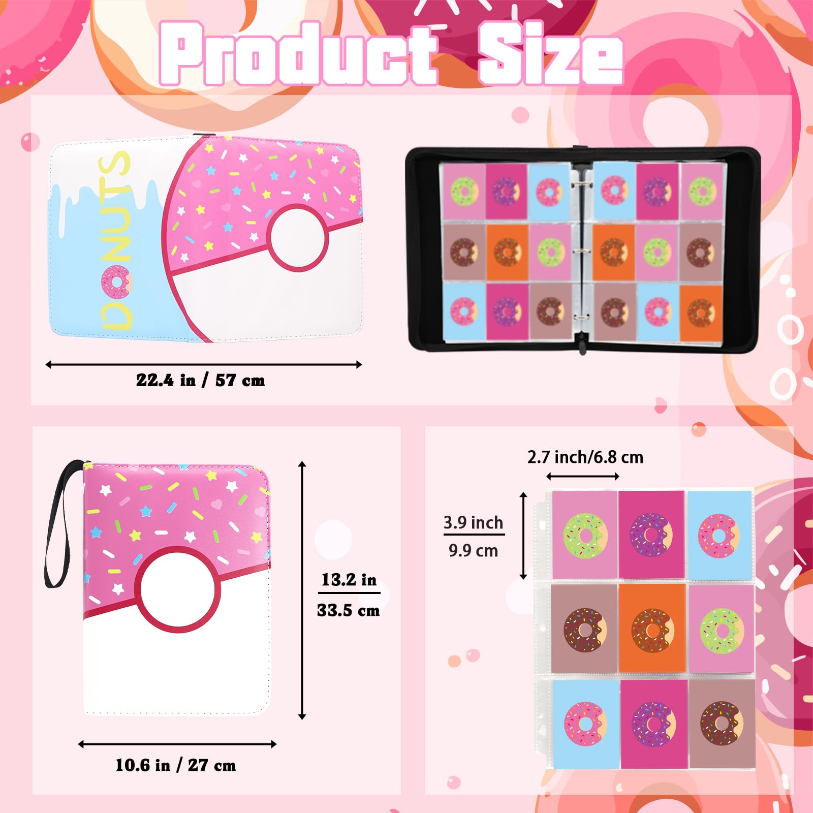 Piefectpie donut binder 3-ring design supports adjustable sleeve pages.