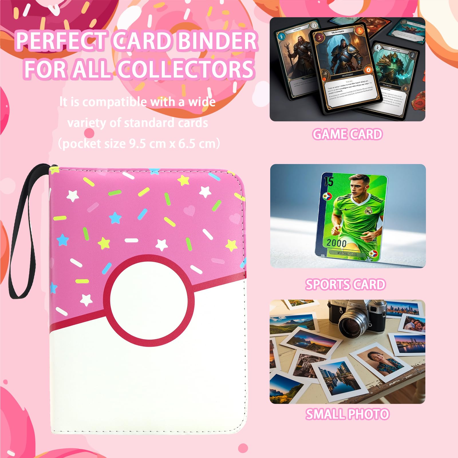 Piefectpie donut binder pocket sleeves fit standard-size trading cards.