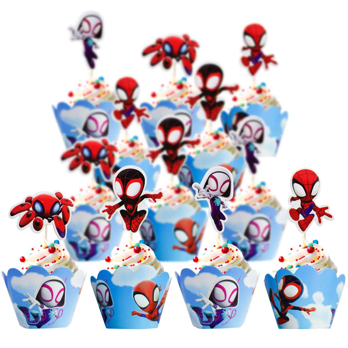 Close-up of Piegricdiat Spidey toppers showing vibrant character imagery for birthday treats