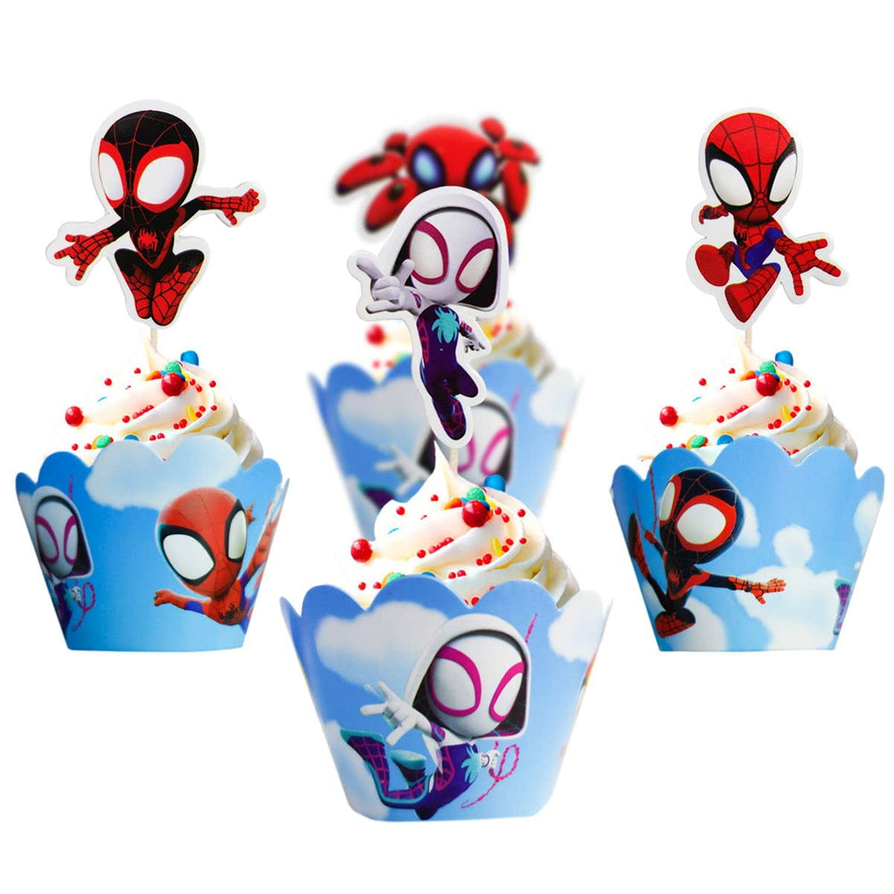 Cupcakes topped with Piegricdiat Spidey toppers ready to serve at gatherings