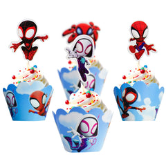 Cupcakes topped with Piegricdiat Spidey toppers ready to serve at gatherings