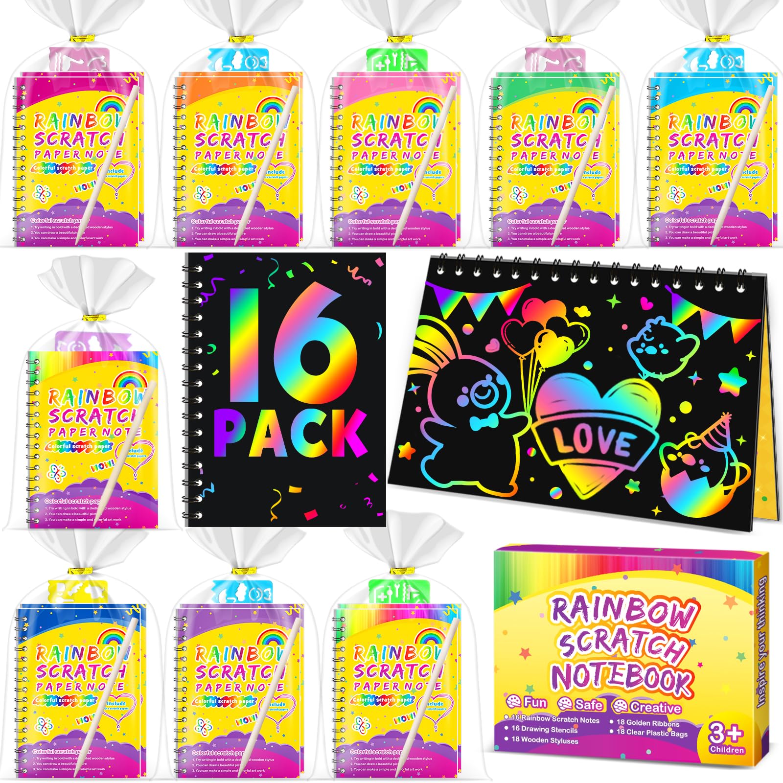 Pigipigi Kids scratch rainbow notebook set with 16 colorful pages for creative play