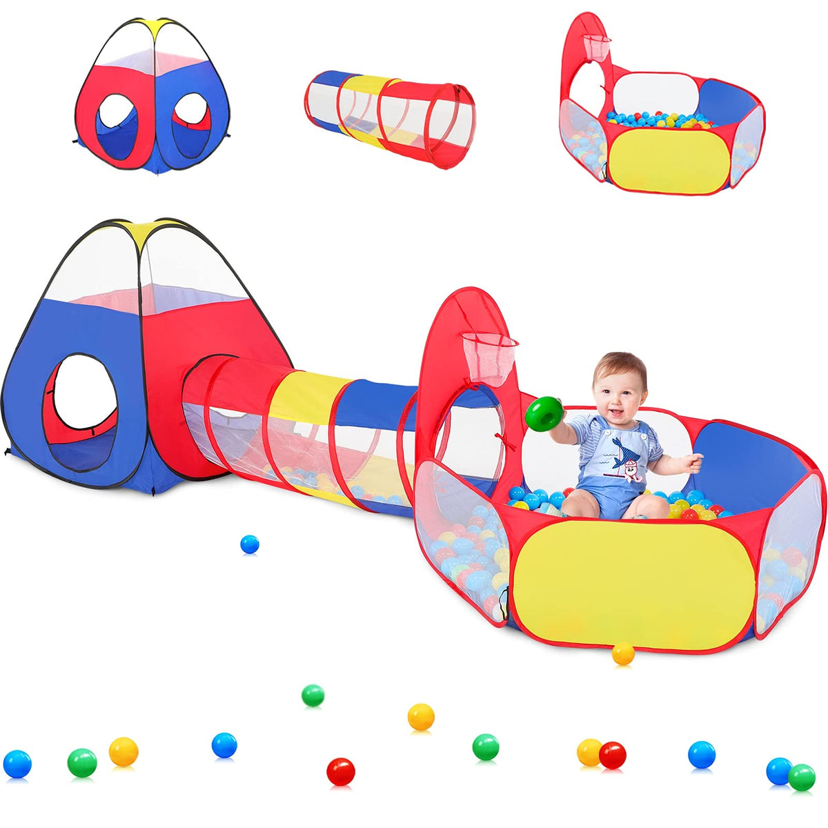 PigPigPen 3in1 play tent with colorful tunnel and ball pit for imaginative play.