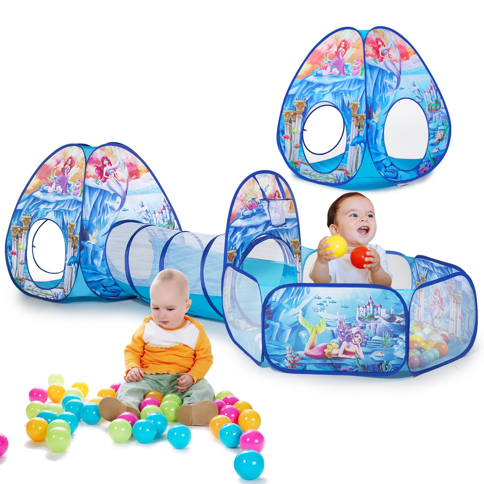 PigPigPen Mermaid Play Tent with tunnel offers quick indoor adventures.