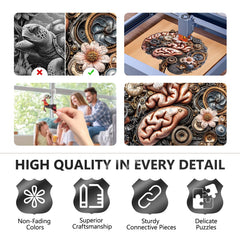 Pijesaksa laser-cut wooden puzzle with precise interlocking pieces.