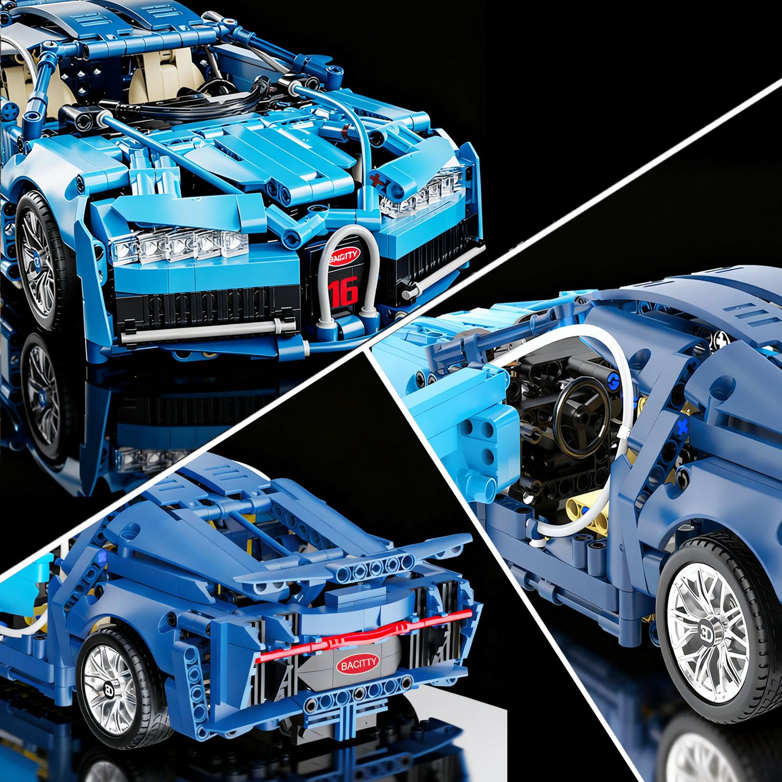 PIKARO blue race car with aerodynamic rear wing and detailed interior view.