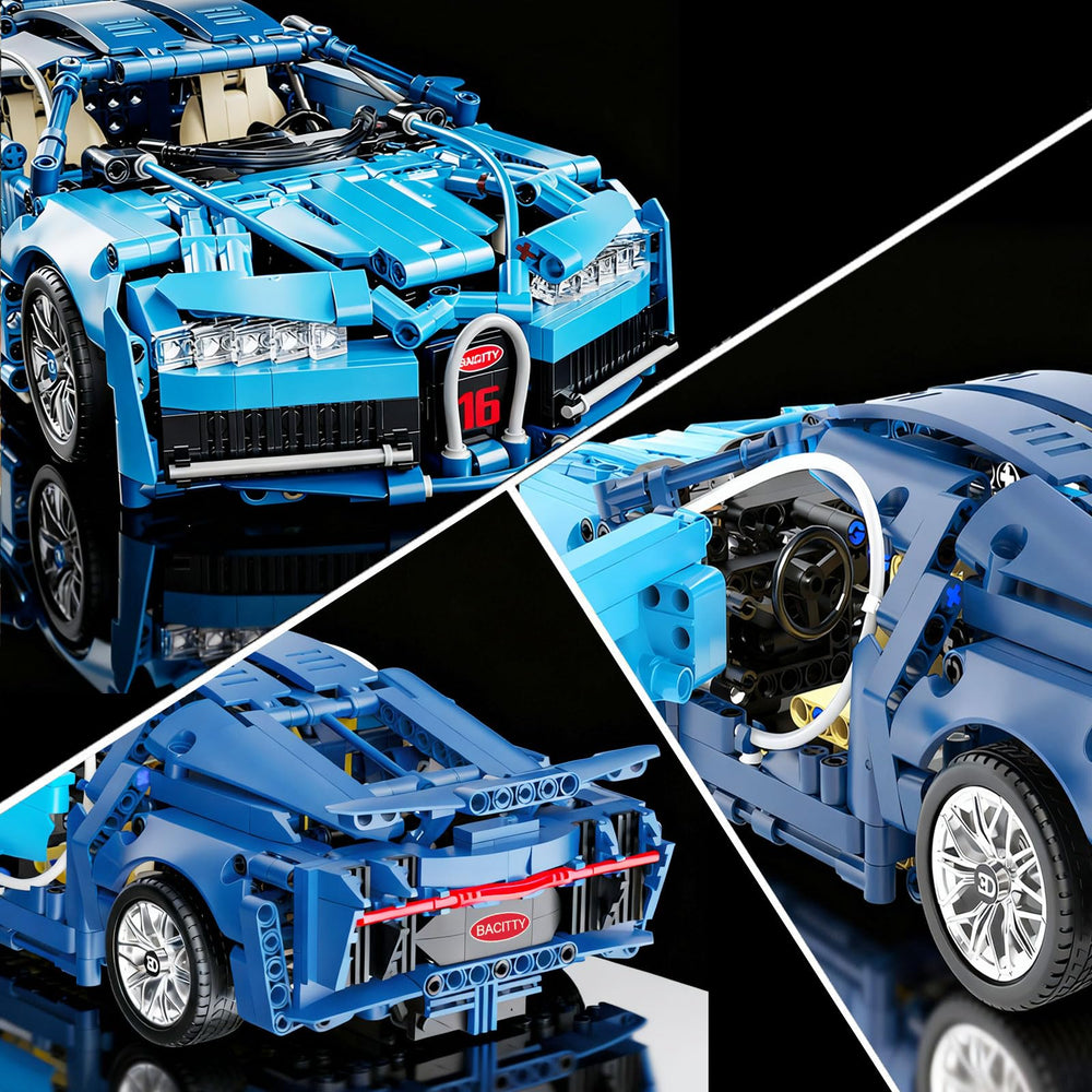 PIKARO blue race car with aerodynamic rear wing and detailed interior view.