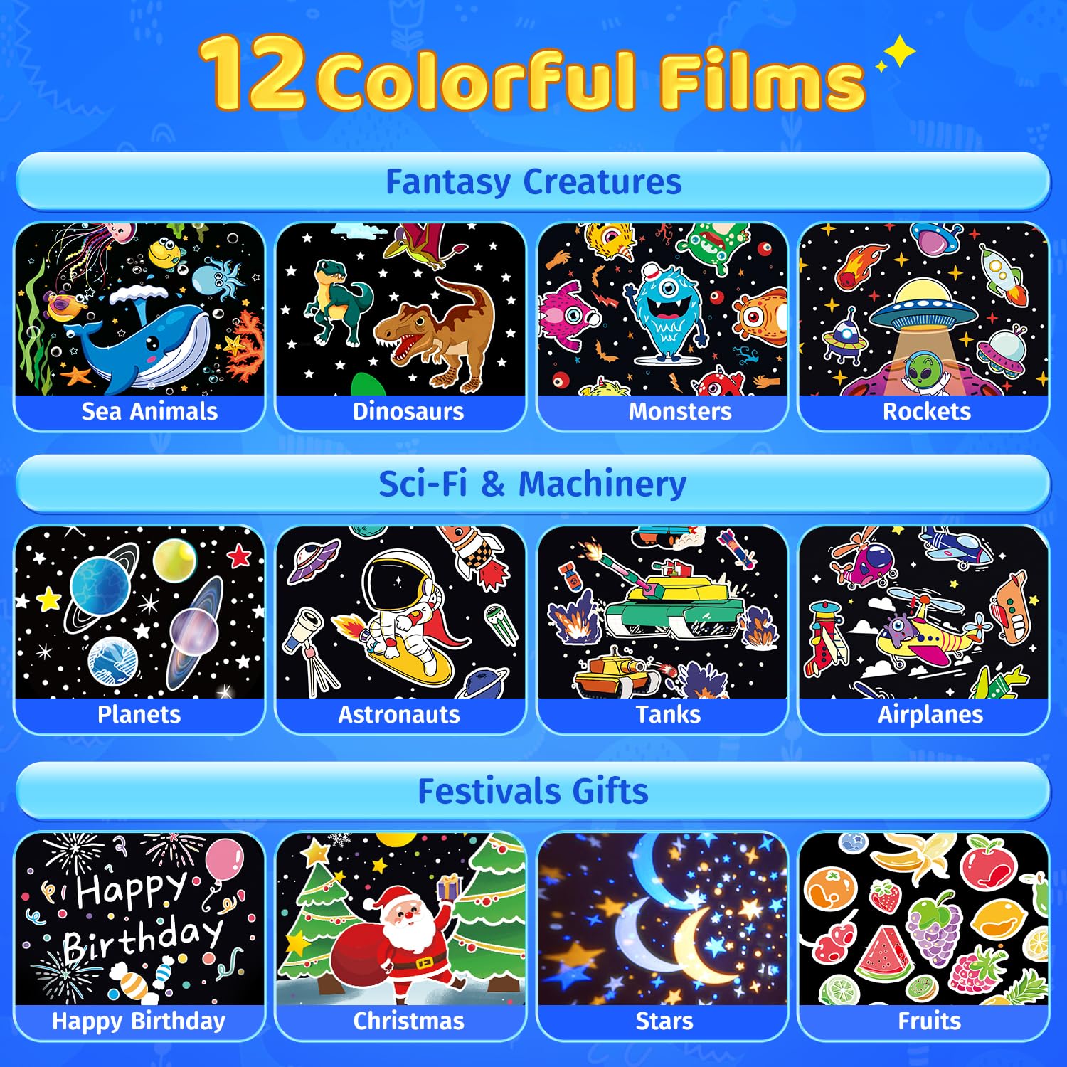PIKOY 12 themed slides illuminate walls with playful scenes