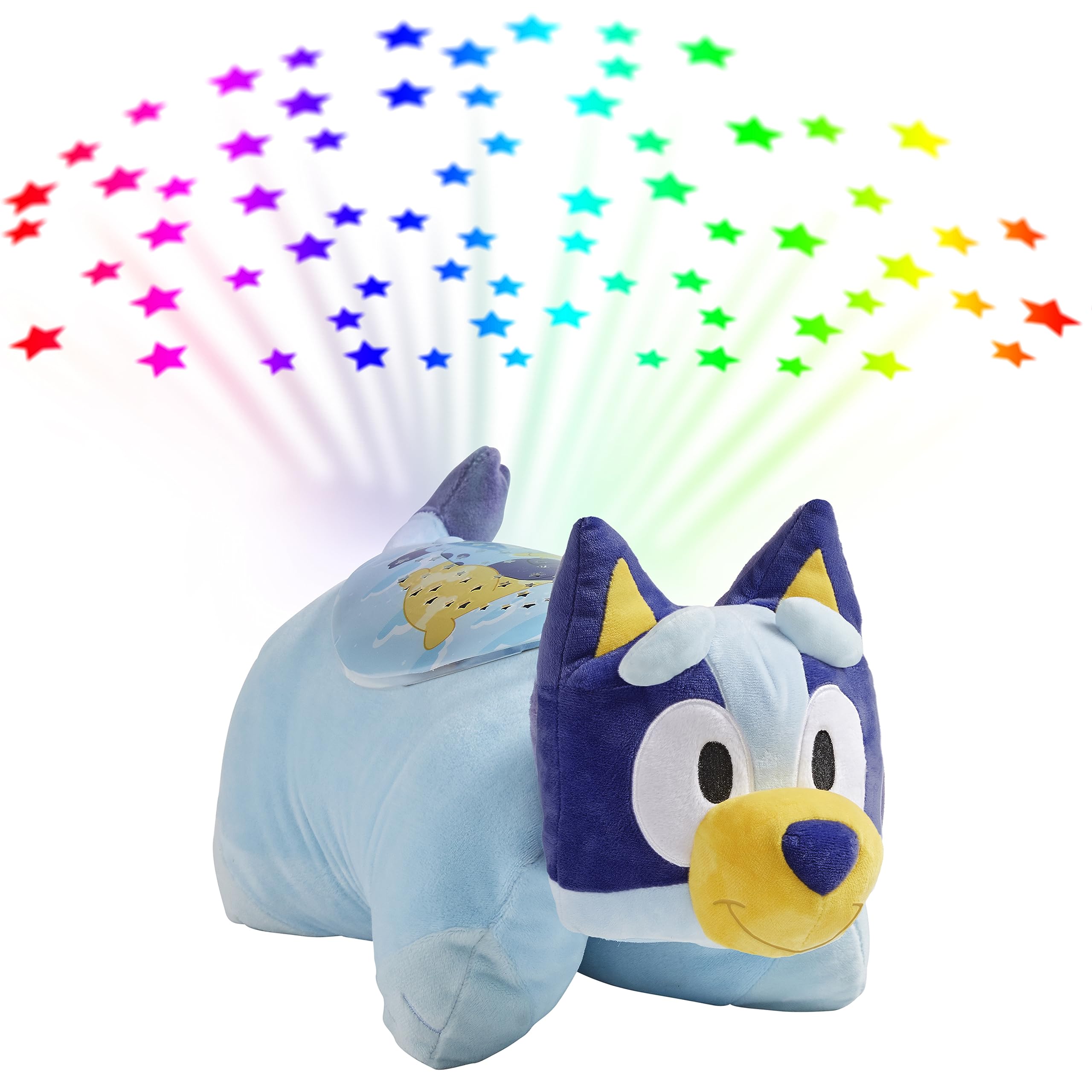 Pillow Pets Bluey Sleeptime Lite star projector fills ceiling with rainbow stars for bedtime magic
