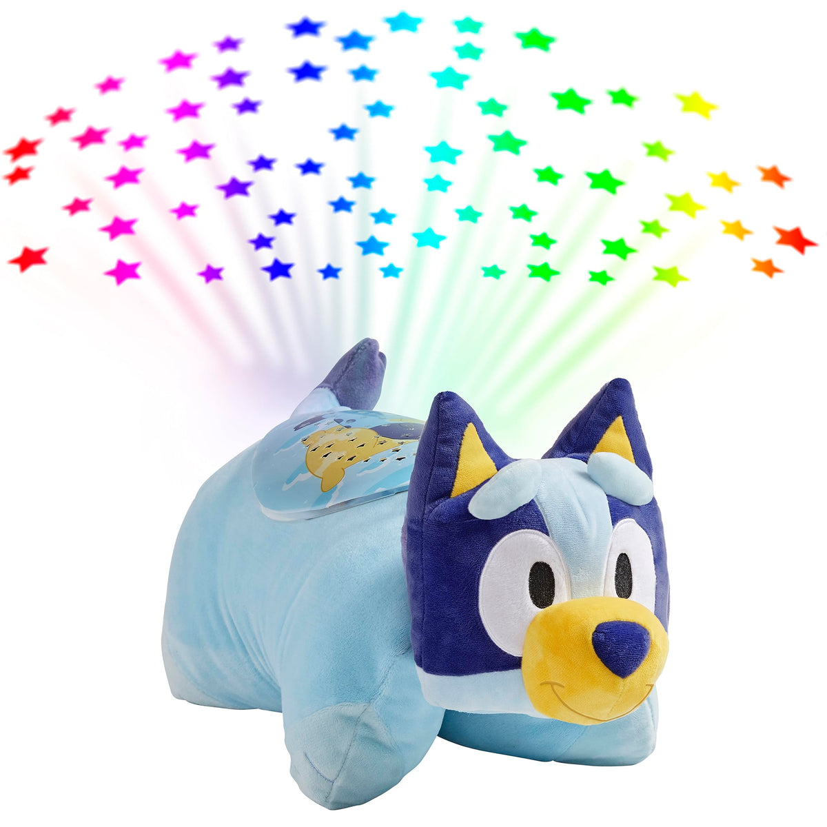 Pillow Pets Bluey Sleeptime Lite star projector fills ceiling with rainbow stars for bedtime magic