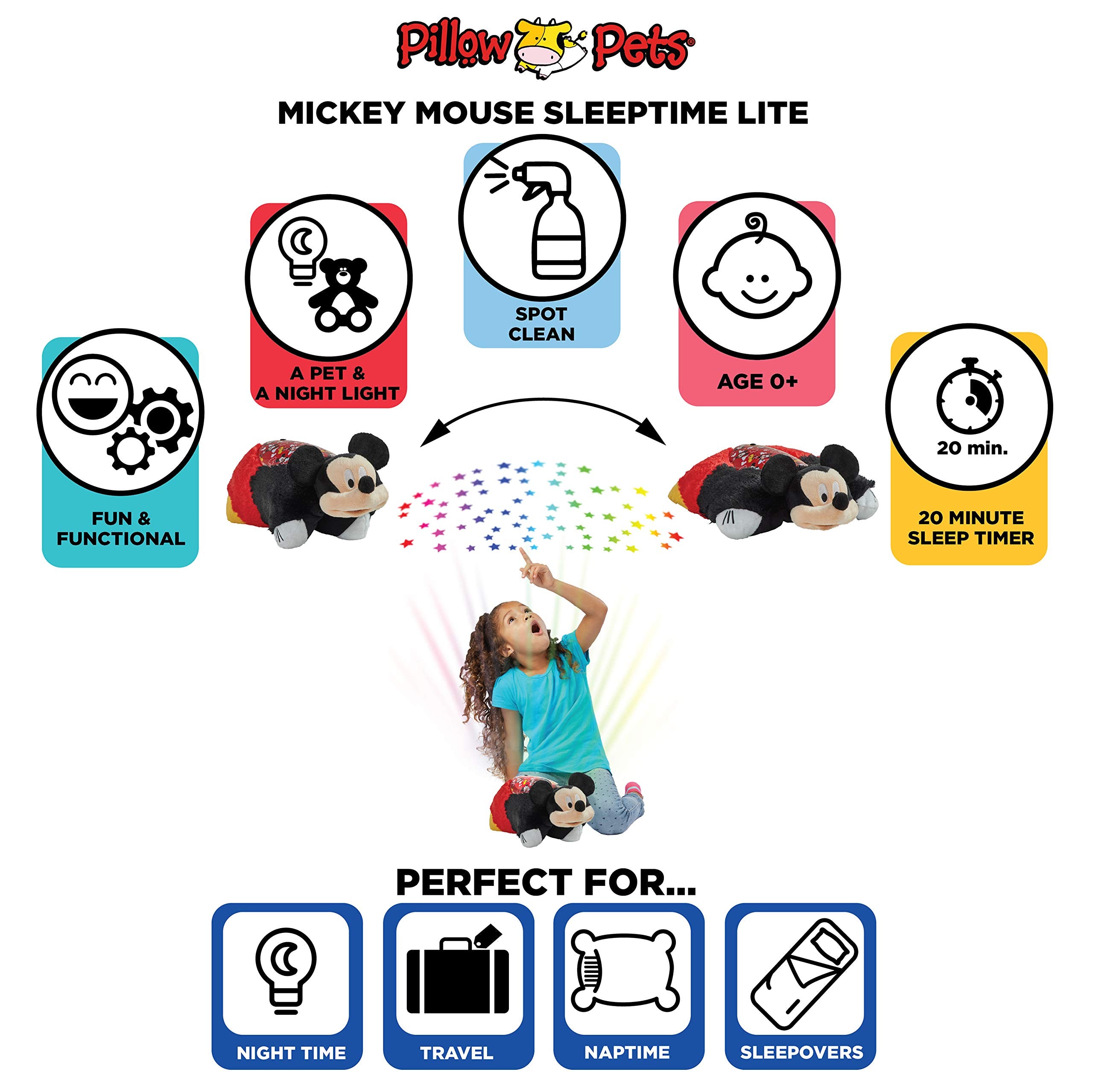 Pillow Pets Mickey Mouse Sleeptime Lite 20-minute timer for automatic shutoff.