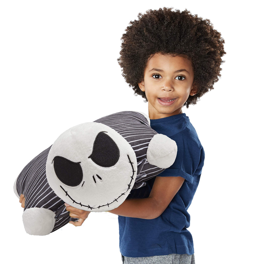 Close-up of Jack Skellington's face detail from Pillow Pets, a friendly collectible for display.