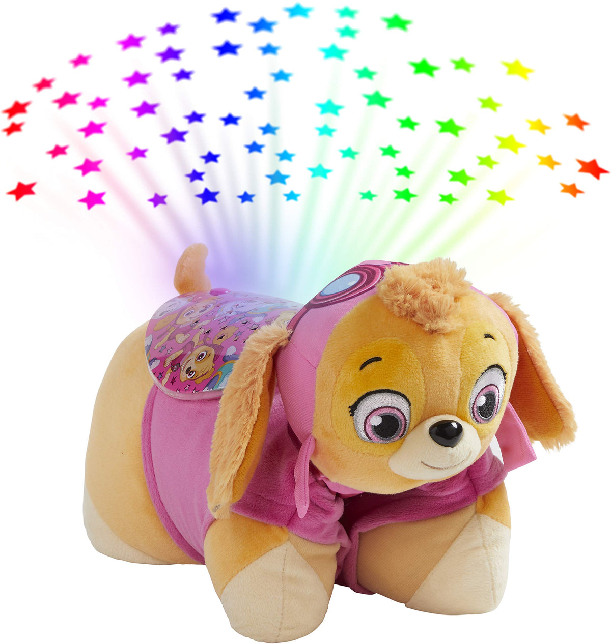 Pillow Pets Skye Sleeptime Lite projection on ceiling showing rainbow stars for bedtime
