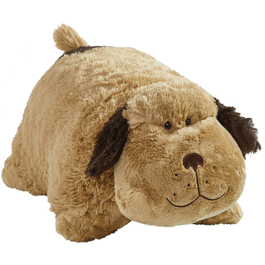 Pillow Pets Snuggly Puppy in beige chenille, a soft cuddle buddy and travel pillow.