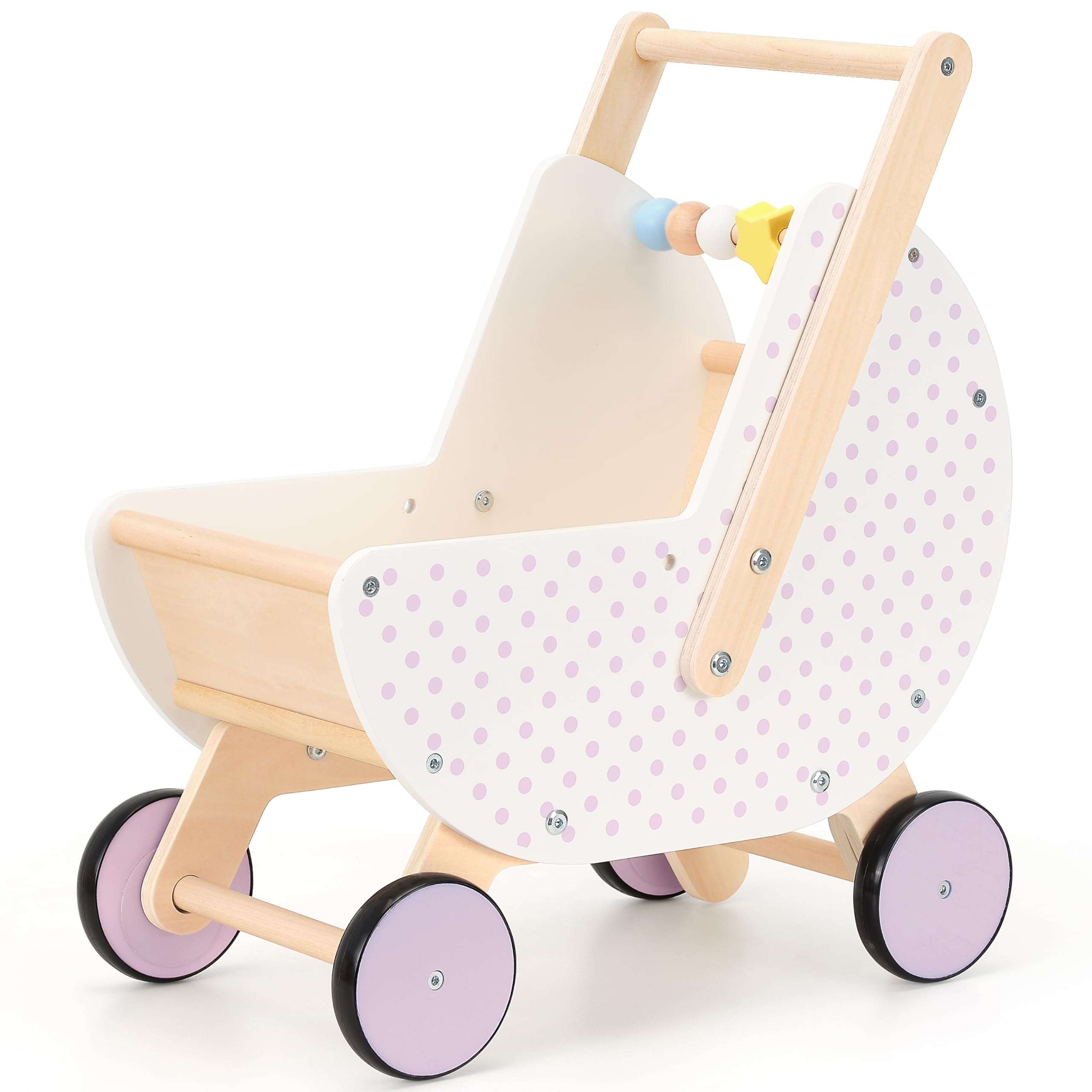 Pillowhale wooden baby walker with adjustable handle for growing toddlers.