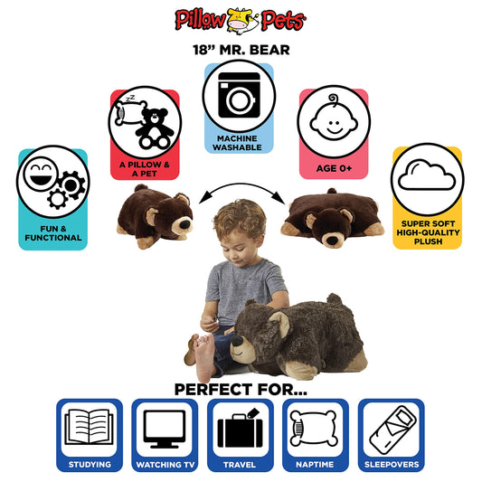 Pillow Pets Mr. Bear plush face with soft chenille texture for cuddly snuggles