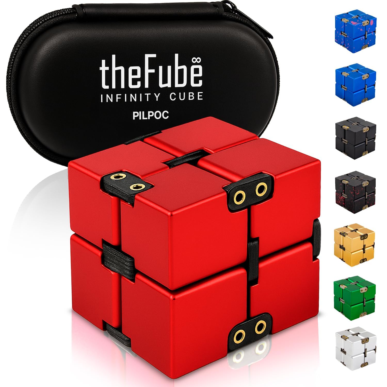 PILPOC theFube Infinity Cube red close-up showcasing tactile metal feel for stress relief.