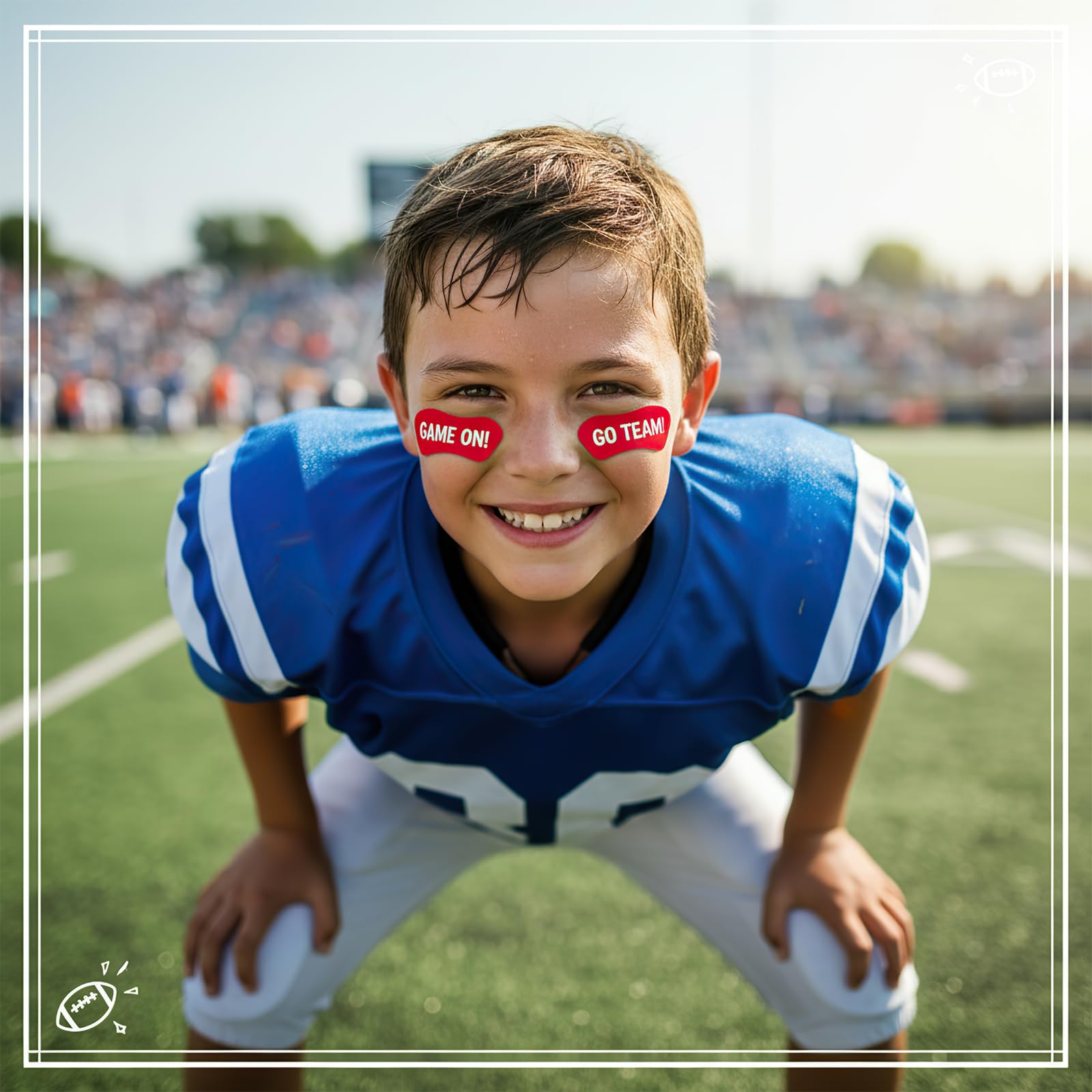 Kid wearing Pimoys red eye black sticker during football practice