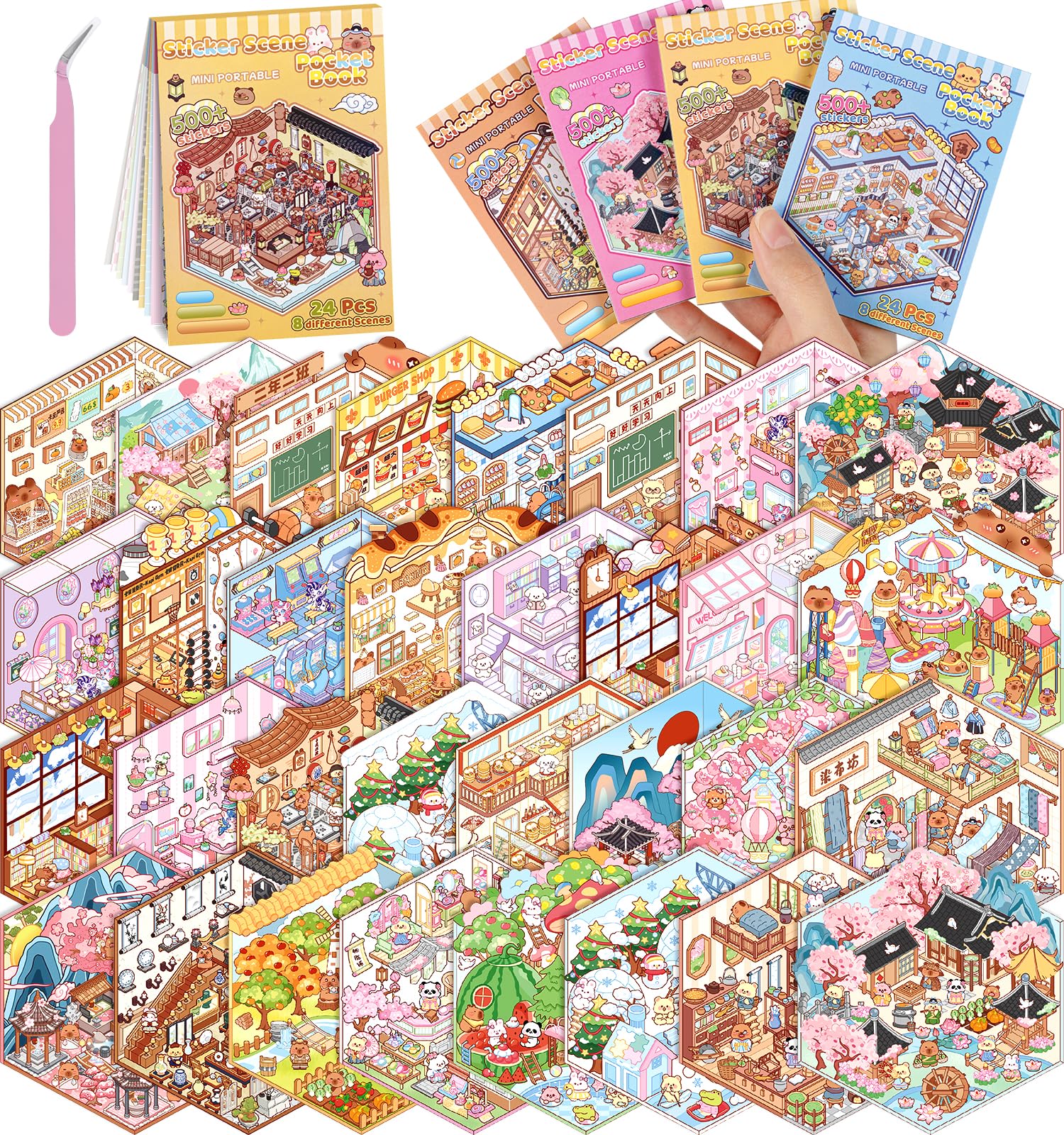 Pindda bookstore scene 3D stickers for imaginative play and gentle stress relief.